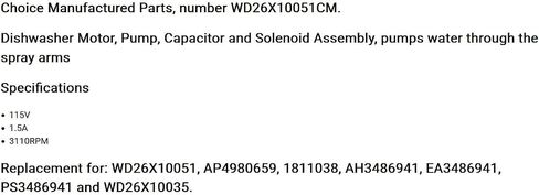 Replacement for GE Choice Parts WD26X10051 for Dishwasher Motor and Pump Assembly OEM in Kuwait