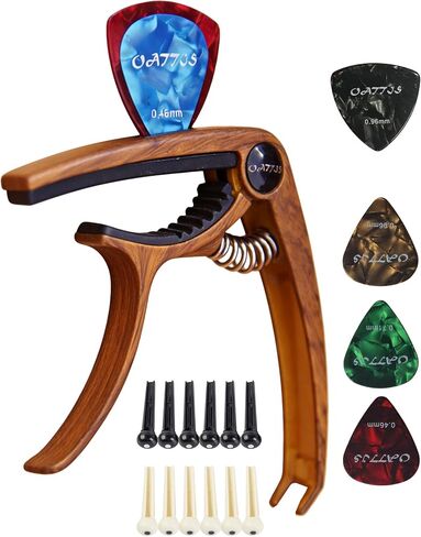 3 in 1 Wood Grain Guitar Capo Kit, Guitar Accessories for Acoustic Electric Guitar Ukulele Banjo, with Pick Holder, Pin Puller, 4 Picks & 12 Bridge Pins, PVC Box in Saudi Arabia