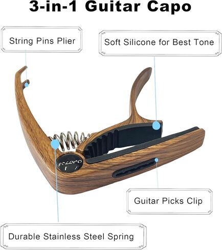 3 in 1 Wood Grain Guitar Capo Kit, Guitar Accessories for Acoustic Electric Guitar Ukulele Banjo, with Pick Holder, Pin Puller, 4 Picks & 12 Bridge Pins, PVC Box in Saudi Arabia