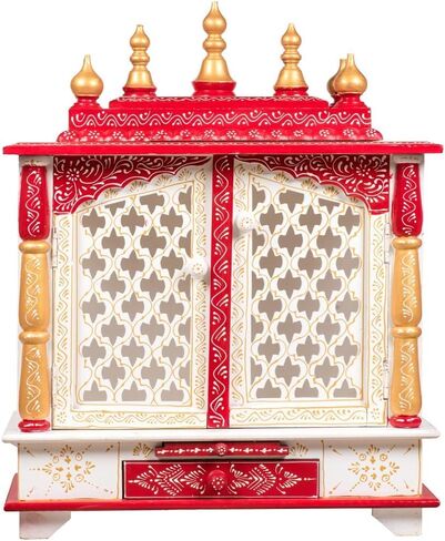 Elegant Wood Religious Mandir – 24cm Traditional Red and White Home Mandapam with Storage Drawer | Dual-Purpose Tabletop & Wall Mount Puja Altar in Saudi Arabia