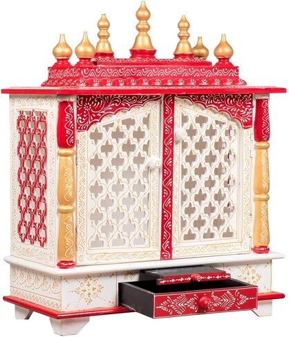 Elegant Wood Religious Mandir – 24cm Traditional Red and White Home Mandapam with Storage Drawer | Dual-Purpose Tabletop & Wall Mount Puja Altar in Saudi Arabia
