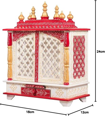 Elegant Wood Religious Mandir – 24cm Traditional Red and White Home Mandapam with Storage Drawer | Dual-Purpose Tabletop & Wall Mount Puja Altar in Saudi Arabia