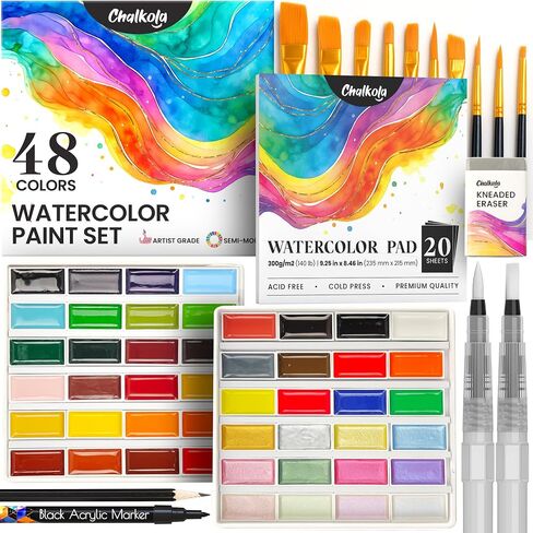 Chalkola Professional Watercolor Paint Set - 48 Semi Moist Water Colors Paint Adult Set, XL Pans | With Painting Brushes, Water Color Pad & Art Supplies | Suitable for Adults, Kids, Beginner & Artists in Saudi Arabia