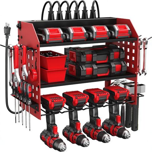 SPACECARE Power Tool Organizer with Charging Station 6 Outlets, 3-Layer Heavy Duty Wall Mount Drill Storage Rack, Cordless Tool with Utility Shelf, Garage Organization and Storage for Workshop- Black in Kuwait
