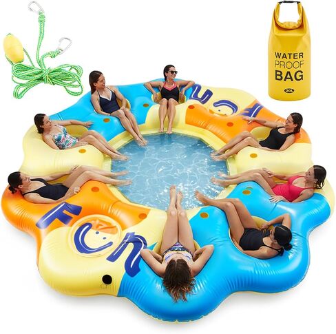 Hungdao 14.5 Ft Giant Inflatable Floating Island for 8-10 People, Large Lake Party Float Platform with Mesh Seats Cup Holders Coolers, Heavy Duty Pool Lake Floating Dock Raft for Adults Groups in Kuwait
