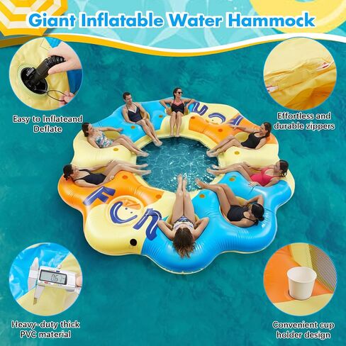 Hungdao 14.5 Ft Giant Inflatable Floating Island for 8-10 People, Large Lake Party Float Platform with Mesh Seats Cup Holders Coolers, Heavy Duty Pool Lake Floating Dock Raft for Adults Groups in Kuwait