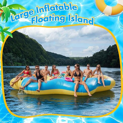 Hungdao 14.5 Ft Giant Inflatable Floating Island for 8-10 People, Large Lake Party Float Platform with Mesh Seats Cup Holders Coolers, Heavy Duty Pool Lake Floating Dock Raft for Adults Groups in Kuwait
