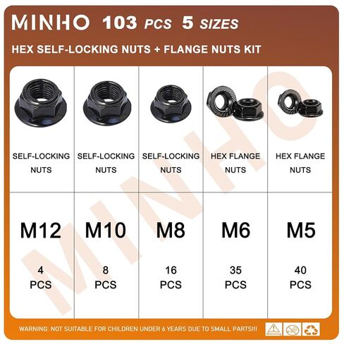Minho Hex Flange Nuts 103PCS Assortment Kit M5 M6 M8 M10 M12, 1.25mm Serrated in Kuwait