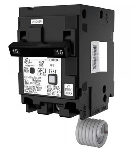 QPF Q215GF GFCI قاطع الدائرة، 2 قطب، 15 أمبير، 240 فولت، 10 كيلو أمبير تصنيف المقاطعة (وحدة واحدة) in Kuwait