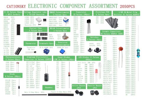 Electronic Component Kit Total 2050 Pcs, LED Diodes, Resistors, Electrolytic Capacitor Package, Common Diodes, Ceramic Capacitors, Digital Tube,Common Transistor,Integrated Circuit Assortment Box in Kuwait