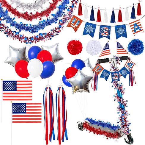 21Pcs 4th of July Parade Scooter Decoration Kit - Tinsel Garlands, Balloons, Flags, Etc - Red White Blue Decor for Patriotic Independence Day Party Favors in Kuwait