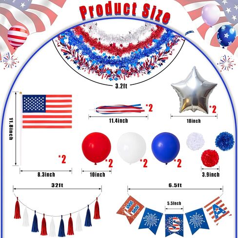 21Pcs 4th of July Parade Scooter Decoration Kit - Tinsel Garlands, Balloons, Flags, Etc - Red White Blue Decor for Patriotic Independence Day Party Favors in Kuwait