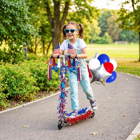 21Pcs 4th of July Parade Scooter Decoration Kit - Tinsel Garlands, Balloons, Flags, Etc - Red White Blue Decor for Patriotic Independence Day Party Favors in Kuwait