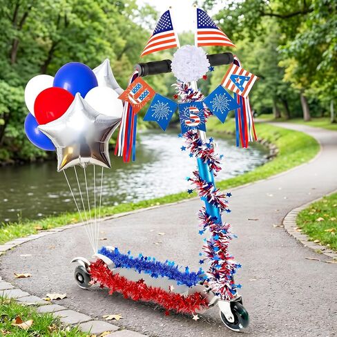 21Pcs 4th of July Parade Scooter Decoration Kit - Tinsel Garlands, Balloons, Flags, Etc - Red White Blue Decor for Patriotic Independence Day Party Favors in Kuwait