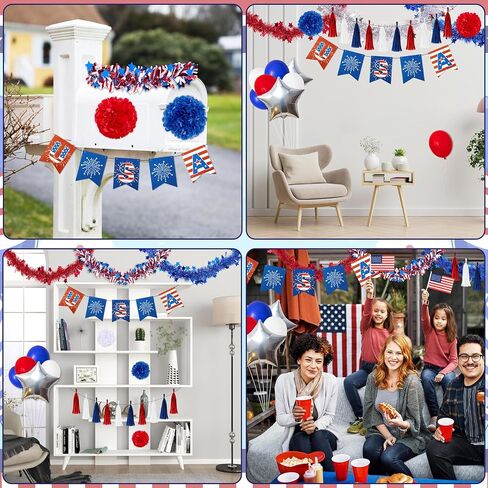 21Pcs 4th of July Parade Scooter Decoration Kit - Tinsel Garlands, Balloons, Flags, Etc - Red White Blue Decor for Patriotic Independence Day Party Favors in Kuwait