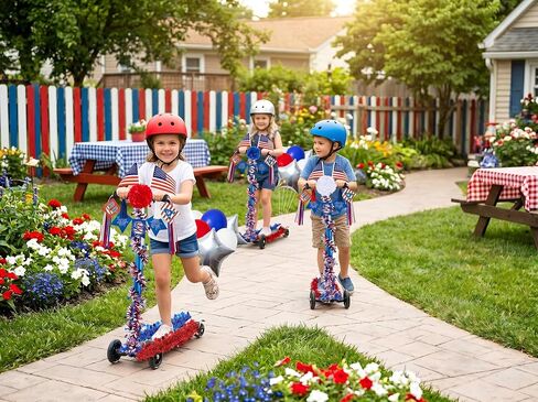 21Pcs 4th of July Parade Scooter Decoration Kit - Tinsel Garlands, Balloons, Flags, Etc - Red White Blue Decor for Patriotic Independence Day Party Favors in Kuwait