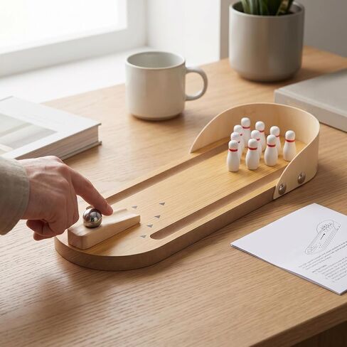 SUNGOOYUE Gifts Bowling Game Wooden Synthetic Desktop Alley with 10 Pins Ramp, Finger Stress Relief Roller for Adults Teens Break Room Mini Bowling Set, Tabletop Game Set in Kuwait