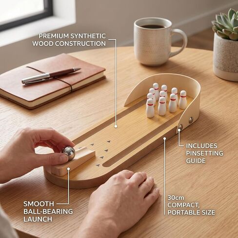 SUNGOOYUE Gifts Bowling Game Wooden Synthetic Desktop Alley with 10 Pins Ramp, Finger Stress Relief Roller for Adults Teens Break Room Mini Bowling Set, Tabletop Game Set in Kuwait