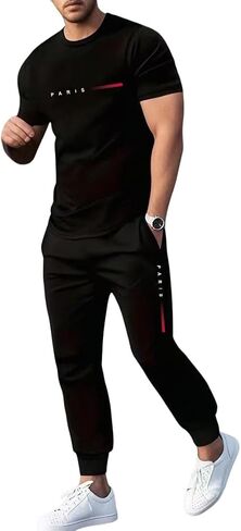 Men's Paris Print T-Shirt and Jogger Set, Black, 2-Piece Casual Tracksuit with Drawstring Pants in Kuwait