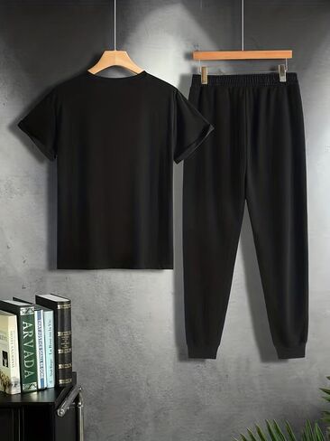 Men's Paris Print T-Shirt and Jogger Set, Black, 2-Piece Casual Tracksuit with Drawstring Pants in Kuwait