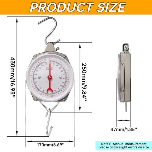 Mechanical Precision Hanging Scale, 110lb/50kg Max Capacity, Dual Unit with Large Display & 2 S-Hooks, Heavy Duty Spring Dial Scale for Kitchen Food Weighing, Fishing, Hunting, Big Game in Kuwait