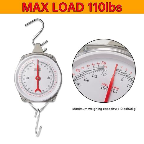 Mechanical Precision Hanging Scale, 110lb/50kg Max Capacity, Dual Unit with Large Display & 2 S-Hooks, Heavy Duty Spring Dial Scale for Kitchen Food Weighing, Fishing, Hunting, Big Game in Kuwait