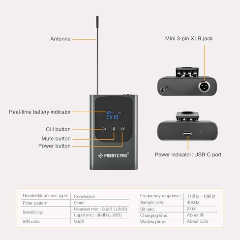 نظام ميكروفون لاسلكي رقمي مزدوج من Phenyx Pro PDP-2-2B مزود بجهاز إرسال محمول على الجسم PWB-P-900 in Kuwait