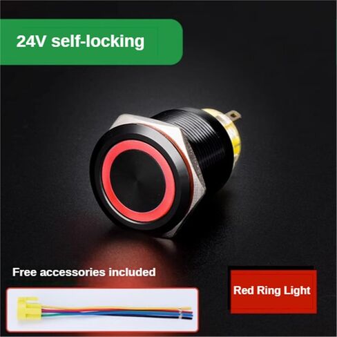 Push Button Switch 22mm Black Metal Momentary Locking 12V 24V 220V Ring Power Light Start Stop 3-6V, 1pcs(Red Ring Locking 24V) in Kuwait