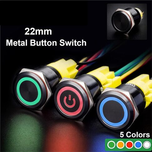 Push Button Switch 22mm Black Metal Momentary Locking 12V 24V 220V Ring Power Light Start Stop 3-6V, 1pcs(Red Ring Locking 24V) in Kuwait