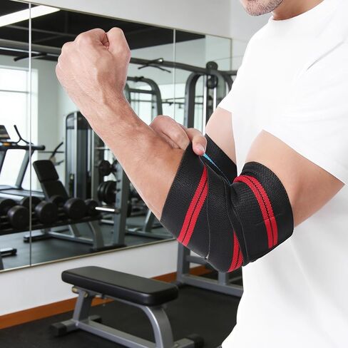2 Pcs Elbow Wraps for Weightlifting, 39.4 x 3.1 in Red Nylon Support Bandage, Adjustable Elastic Compression Sleeve for Bench Press and Gym Training, Joint Support for Men and Women in Kuwait