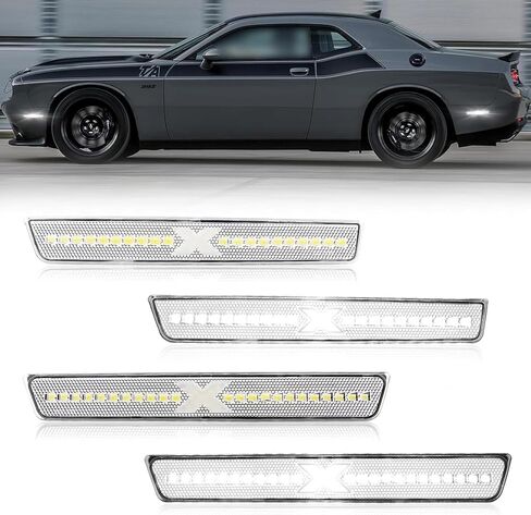 مصابيح LED للعلامات الجانبية متوافقة مع دودج تشالنجر 2015-2020 مع شعاع الضوء [نمط X] [في انتظار براءة اختراع]، مصابيح علامة المصد الخلفي الأمامي، عدسة شفافة بيضاء اللون، حزمة من 4 in Kuwait