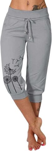 Womens Capri Leggings Athletic Workout Pants Fashion Floral Print Pants Comfy Drawstring Elastic Waist Pant with Pocket in Kuwait