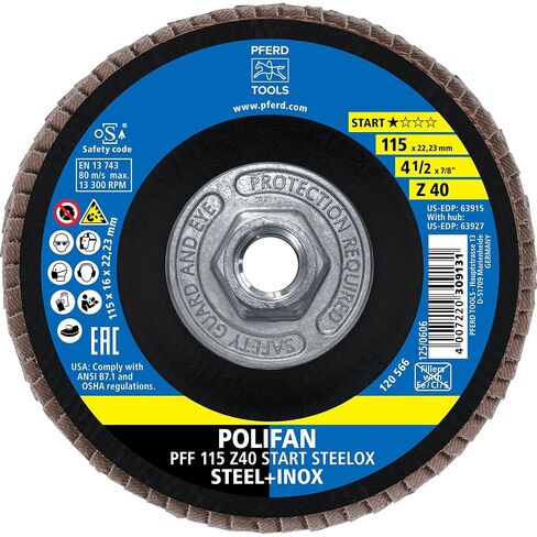 تبدأ أدوات PFERD من STEELOX 4-1/2"x5/8-11 قرص مسطح، 40 حبيبة، 10 عبوات | النوع 27، زركونيا، يستخدم على الفولاذ والفولاذ المقاوم للصدأ، الجزء 63927 in Kuwait