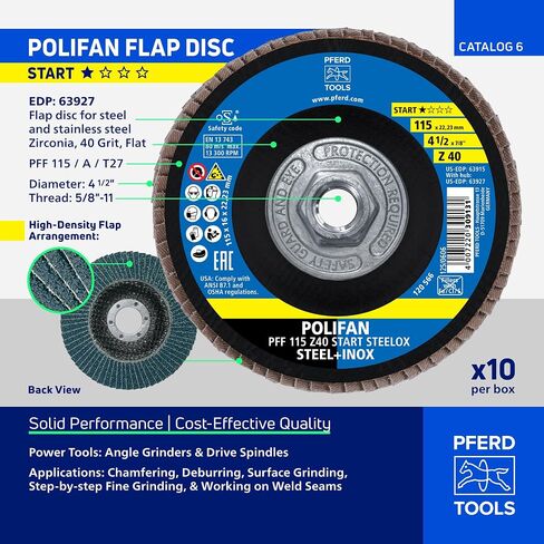تبدأ أدوات PFERD من STEELOX 4-1/2"x5/8-11 قرص مسطح، 40 حبيبة، 10 عبوات | النوع 27، زركونيا، يستخدم على الفولاذ والفولاذ المقاوم للصدأ، الجزء 63927 in Kuwait