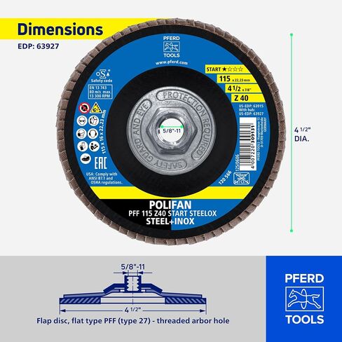 تبدأ أدوات PFERD من STEELOX 4-1/2"x5/8-11 قرص مسطح، 40 حبيبة، 10 عبوات | النوع 27، زركونيا، يستخدم على الفولاذ والفولاذ المقاوم للصدأ، الجزء 63927 in Kuwait