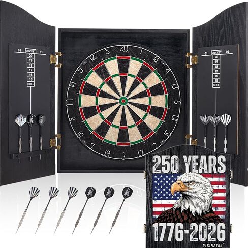 Sisal Dart Board Cabinet Sets, US250 Dartboard with Scoreboard for Adults| USA 250th Anniversary, Premium Sisal Bristle, Comes with 6 Steel-tip Darts in Kuwait