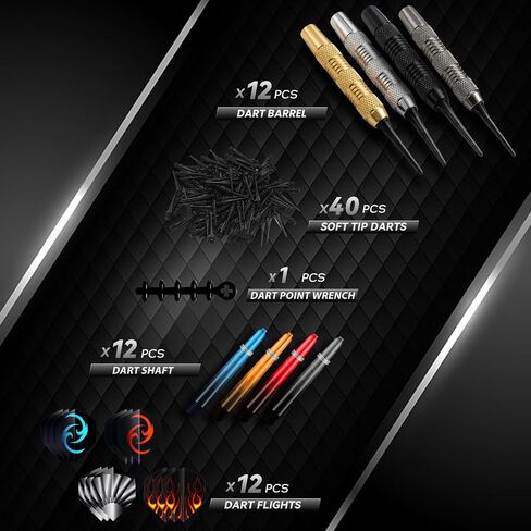 12 Pack Soft Tip Darts Set - Darts Plastic Tip 17g -Dart Flights in 4 Colors with a Dart Storage Case- with 40 Extra Dart Tips and 1Pcs Wrench for Electronic Dartboard in Kuwait