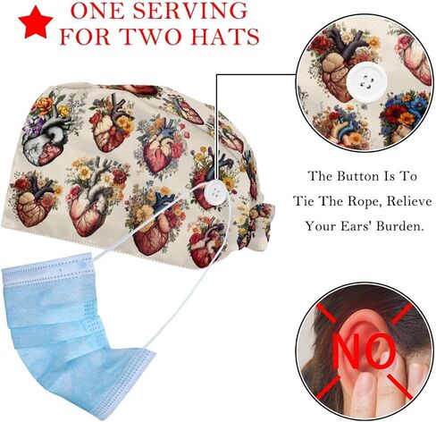 Scrub Caps Surgical Cap with Buttons, Adjustable Tie Back | Hearts Pattern, For Women & Men, Working Cap, Nurse Hat in Kuwait