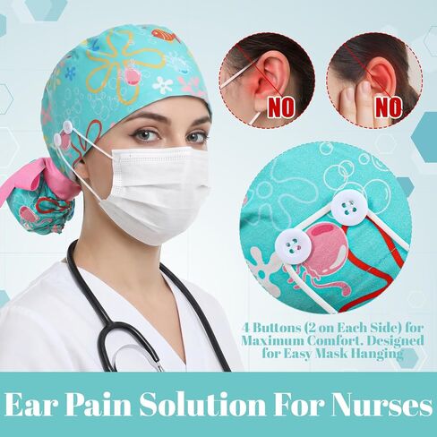 قبعة ممرضة مع أزرار، فرك القطن مع عصابة رأس، قبعة جراحية قابلة للتعديل، غطاء ذيل حصان خلفي، قبعة ممرضة مطبوعة باللون الأزرق للعمل اليومي، ملابس موحدة، استخدام طويل التحول in Kuwait