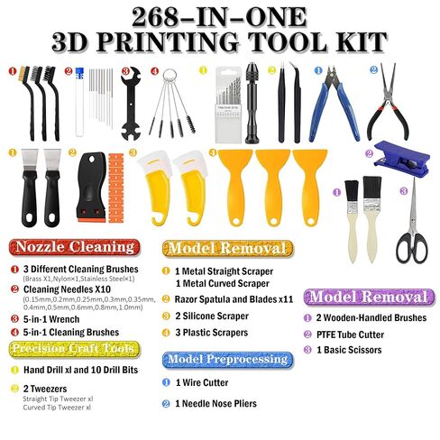 268 Pcs 3D Printer Tool Kit With Tool Bag for 3D Printer Modeler Integrates Basic Model Tools Print Nozzle Cleaning Kit Process Model Needs (Finishing Trimming Removal) in Kuwait