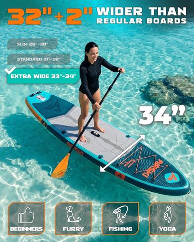 11'x34'' Extra Wide Inflatable Paddle Board, Stand-up Paddleboard for Adults, 420lb Capacity, Anti-Slip EVA, Stand-up Paddle Board for Yoga/Fishing/Family, US Fin, High-Pressure Pump, 100L Bag in Saudi Arabia