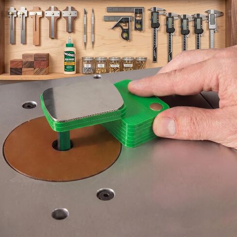 Magnetic Precision Shims for Woodworking — Table Saw, Router & Drill Press Setup Tool, 1/16" to 1-1/8" Spacing Increments, High-Visibility Green, 2 Metal + 8 Dual-Magnet Shims in Kuwait