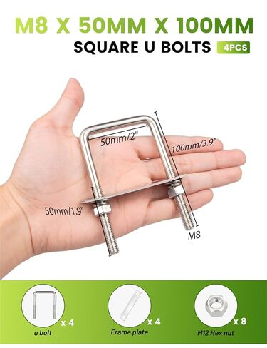 Anina 4 Pack M8 X 50mm X 100mm 304 Square U-Bolts - 2 Inch Wide Stainless Steel U Bolts Kit Complete with Nuts, Lock Washers, Flat Washers & Mounting Plates in Kuwait