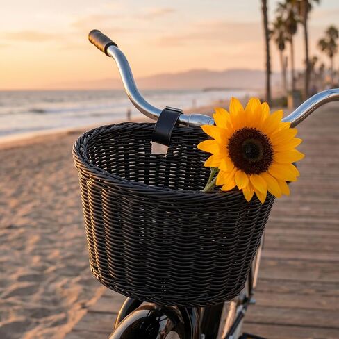 Black Wicker Bike Basket with Cup Holder – Front Mount D-Shaped Handlebar Basket for Adult Bikes, Cruiser, Mobility Scooter – Large Capacity Woven Basket for Dogs, Pet Carrier, Groceries in Saudi Arabia