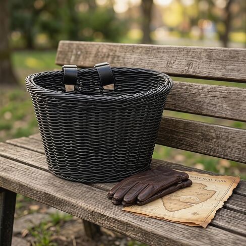 Black Wicker Bike Basket with Cup Holder – Front Mount D-Shaped Handlebar Basket for Adult Bikes, Cruiser, Mobility Scooter – Large Capacity Woven Basket for Dogs, Pet Carrier, Groceries in Saudi Arabia