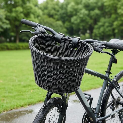 Black Wicker Bike Basket with Cup Holder – Front Mount D-Shaped Handlebar Basket for Adult Bikes, Cruiser, Mobility Scooter – Large Capacity Woven Basket for Dogs, Pet Carrier, Groceries in Saudi Arabia