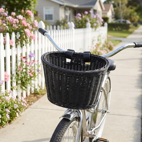 Black Wicker Bike Basket with Cup Holder – Front Mount D-Shaped Handlebar Basket for Adult Bikes, Cruiser, Mobility Scooter – Large Capacity Woven Basket for Dogs, Pet Carrier, Groceries in Saudi Arabia