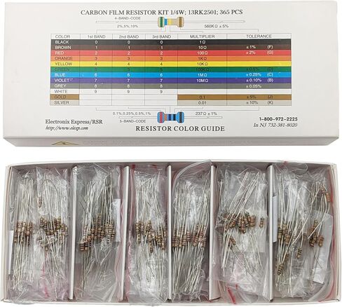 EX ELECTRONIX EXPRESS 365 Piece 1/4 Watt Resistor Kit with Color Guide and Reference Guide on Cardboard Storage Box - Wide Variety of Values in Kuwait