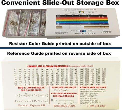 EX ELECTRONIX EXPRESS 365 Piece 1/4 Watt Resistor Kit with Color Guide and Reference Guide on Cardboard Storage Box - Wide Variety of Values in Kuwait