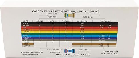 EX ELECTRONIX EXPRESS 365 Piece 1/4 Watt Resistor Kit with Color Guide and Reference Guide on Cardboard Storage Box - Wide Variety of Values in Kuwait